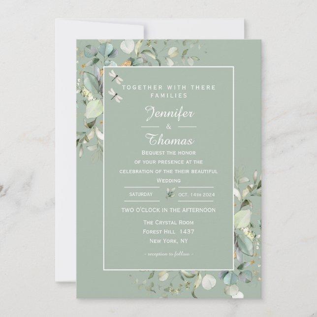Elegant Botanical Eucalyptus Greenery, Sage Color Invitation (Front)