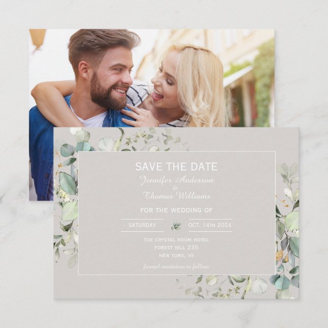 Elegant Botanical Eucalyptus Parchment Color Save The Date (Front/Back)