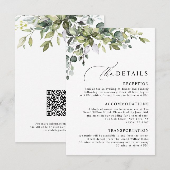 Elegant Botanical Eucalyptus QR Code Wedding Enclosure Card (Front/Back)