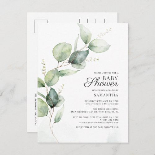 Elegant Botanical Eucalyptus Sunflower Baby Shower Invitation Postcard