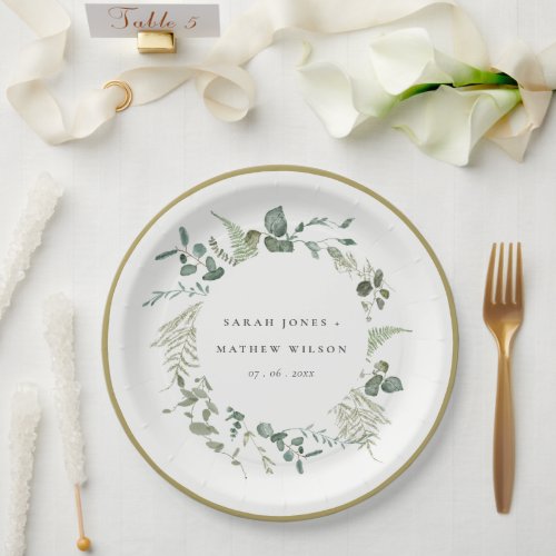 Elegant Botanical Eucalyptus Watercolor Wedding Paper Plates