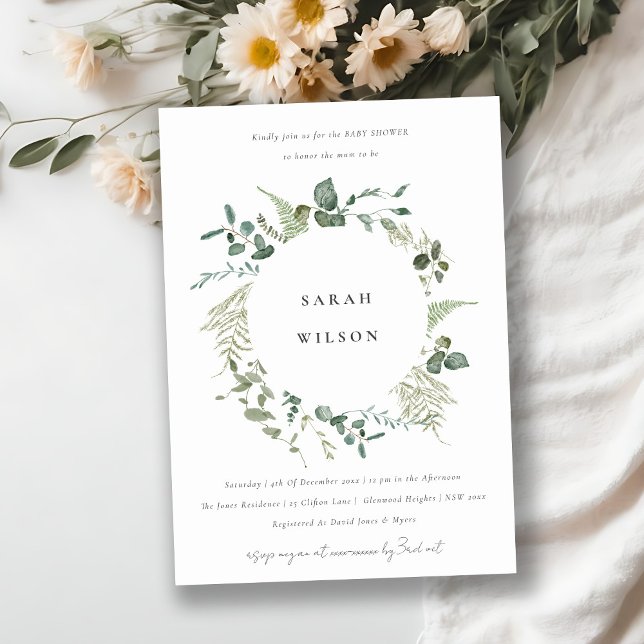Elegant Botanical Eucalyptus Wreath Baby Shower Invitation (Creator Uploaded)