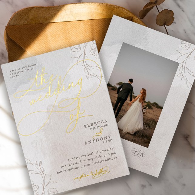 Elegant Botanical Fancy Script Wedding Photo Foil Invitation (Creator Uploaded)