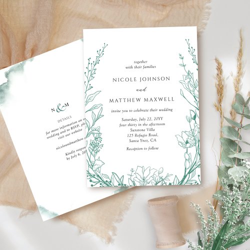 Elegant Botanical Floral All in One Green Wedding Invitation