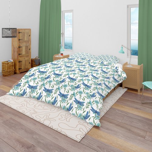 Elegant botanical floral and blue dragonfly duvet cover