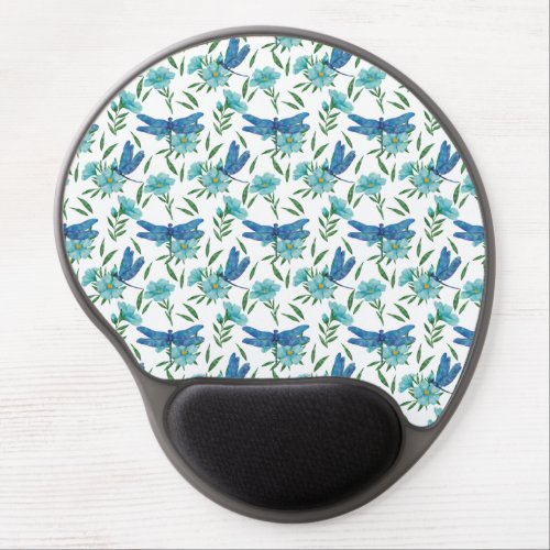 Elegant botanical floral and blue dragonfly gel mouse pad