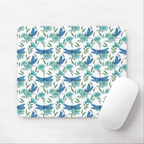 Elegant botanical floral and blue dragonfly mouse pad