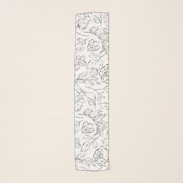 Elegant Botanical Floral Black and White Scarf (Front)