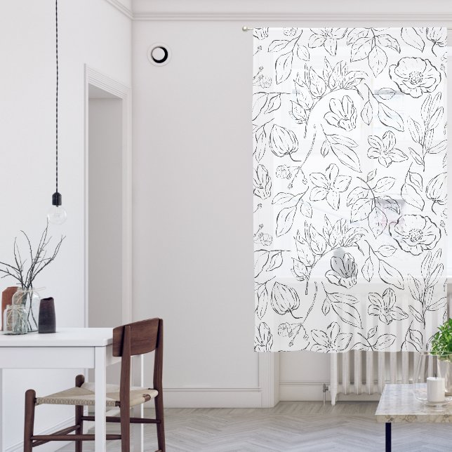 Elegant Botanical Floral Black and White Sheer Curtains (Living Room)