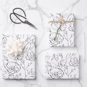 Elegant Botanical Floral Black and White Wrapping Paper Sheets