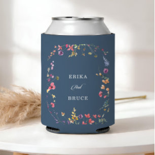 Elegant Botanical Floral Calligraphy Wedding Can Cooler