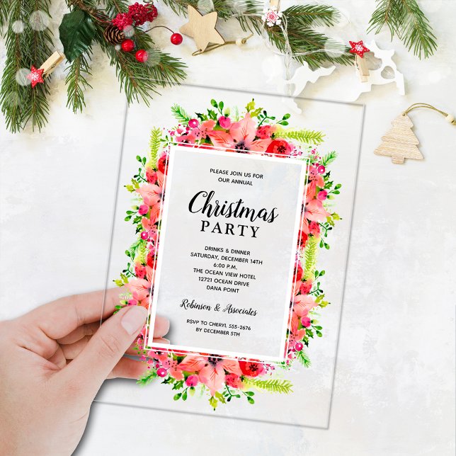 Elegant Botanical Floral Christmas Party Acrylic Invitations (Elegant florals on ACRYLIC  Christmas party invitations)