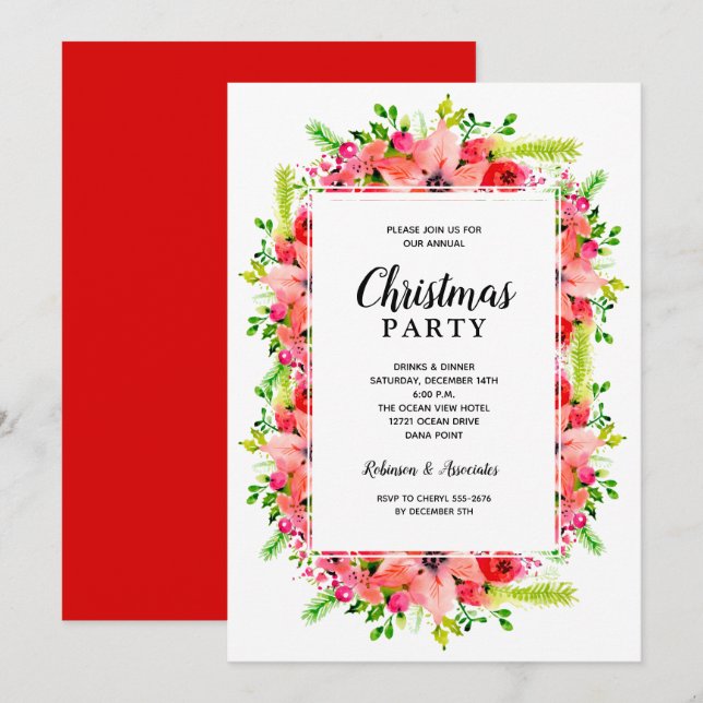Elegant Botanical Floral Christmas Party Invitation (Front/Back)