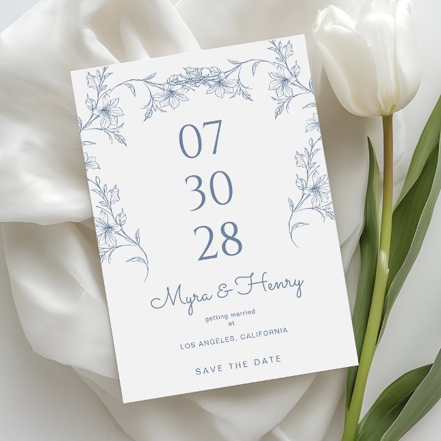 Elegant Botanical Floral Dusty Blue Wedding Save The Date (Creator Uploaded)