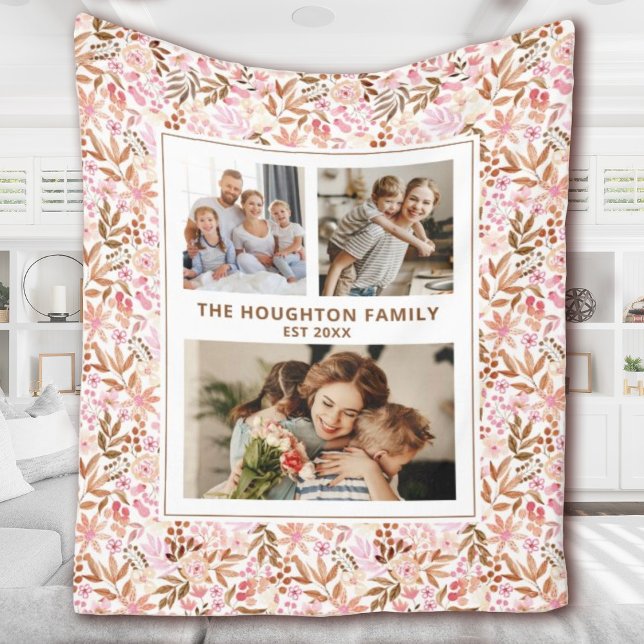 Elegant Botanical Floral Family Photo Collage Fleece Blanket (A pretty floral family photo blanket. Personalize it with 3 photos & your name and established date.)