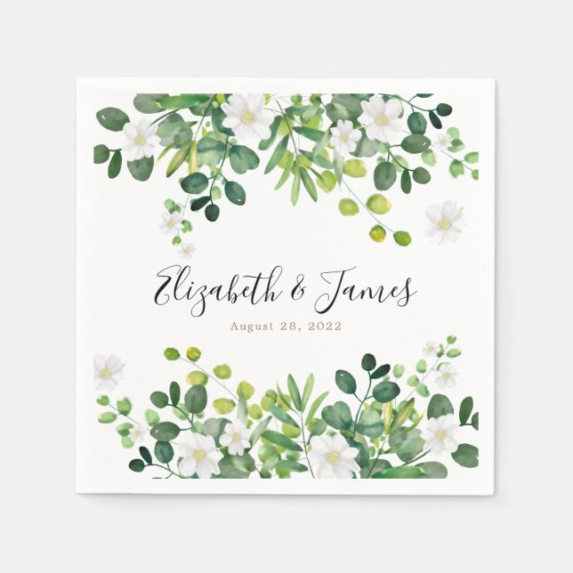 Elegant Botanical Floral Garden Eucalyptus Wedding Napkins (Front)