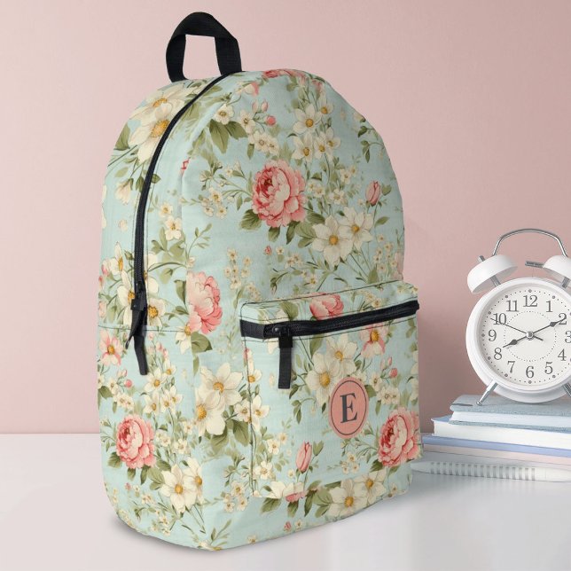 Elegant Botanical Floral Girls Monogram Printed Backpack (A pretty floral girls school backpack. Personalize it with your monogram initial.)
