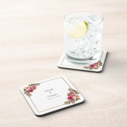 Elegant Botanical Floral Gold Wedding Couple Names Beverage Coaster