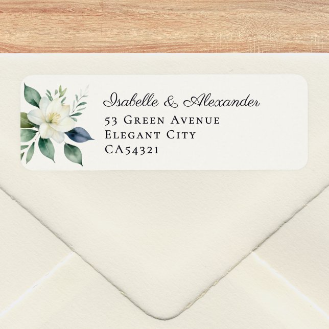 Elegant Botanical Floral Greenery Wedding Label (Elegant wedding address labels with white floral and greenery motif in a watercolor style)