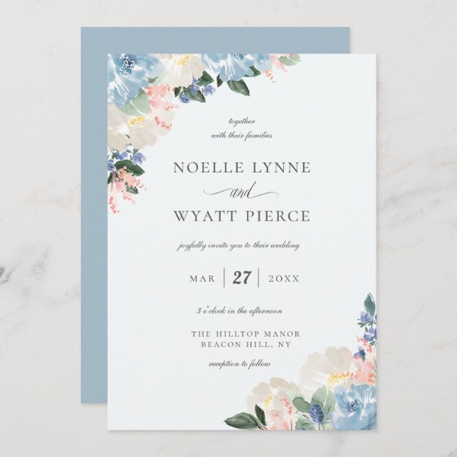 Elegant Botanical Floral Light Blue Wedding Invitation (Front/Back)