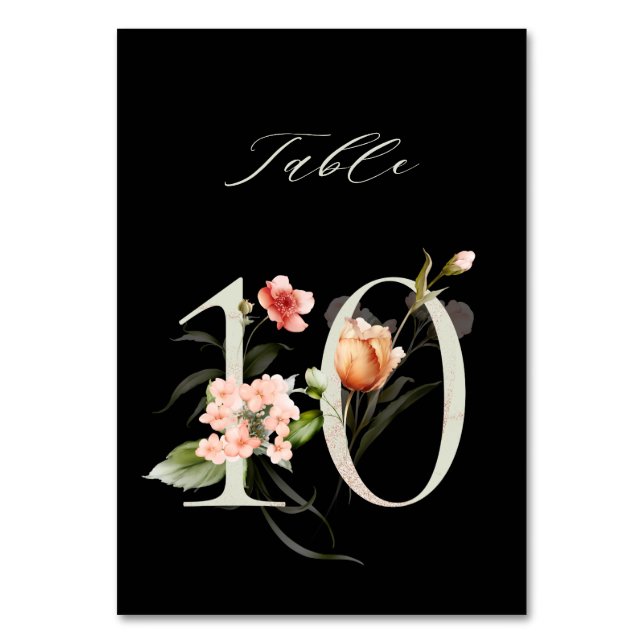 Elegant Botanical Floral Number 10, Black Table Number (Front)
