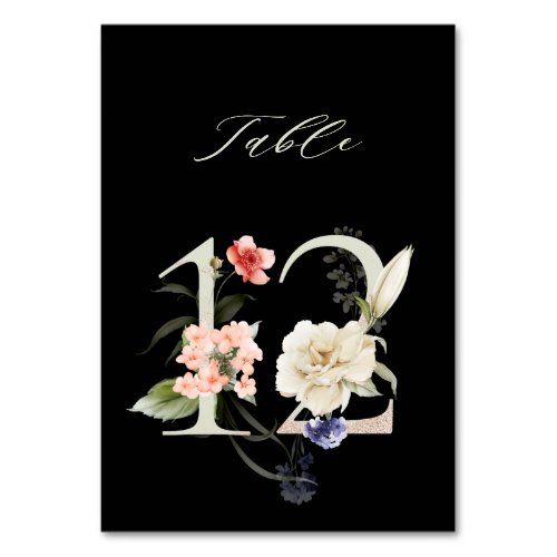 Elegant Botanical Floral Number 12 Black Table Number