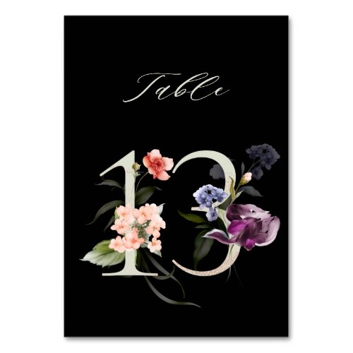 Elegant Botanical Floral Number 13 Black  Table Number