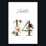 Elegant Botanical Floral Number 14,  Table Number<br><div class="desc">This table number card features a green number decorated with watercolor illustrations of flowers and leaves in peach,  blush pink,  red,  purple and green. This table number is perfect for weddings,  graduations,  baby showers,  bridal showers,  anniversaries,  and other events.
Table 14. Please check all available numbers.</div>