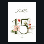 Elegant Botanical Floral Number 15,  Table Number<br><div class="desc">This table number card features a green number decorated with watercolor illustrations of flowers and leaves in peach,  blush pink,  red,  terracotta and green. This table number is perfect for weddings,  graduations,  baby showers,  bridal showers,  anniversaries,  and other events.
Table 15. Please check all available numbers.</div>