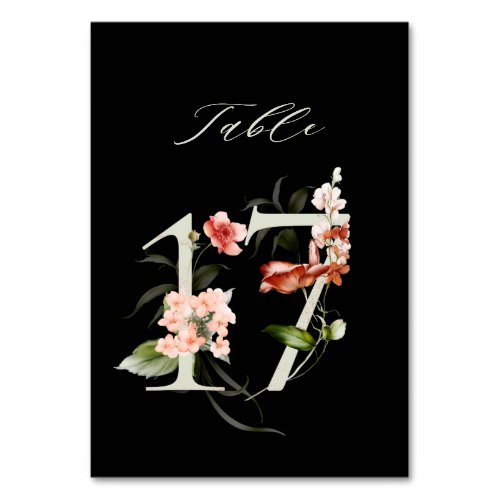 Elegant Botanical Floral Number 17 Black Table Number