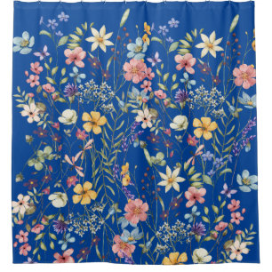 Elegant Botanical Floral On Cobalt Blue Shower Curtain