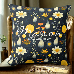Elegant Botanical Floral Pattern in Navy Yellow Throw Pillow