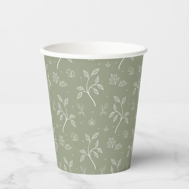 Elegant Botanical Floral Pattern in Olive Green Paper Cups (Front)