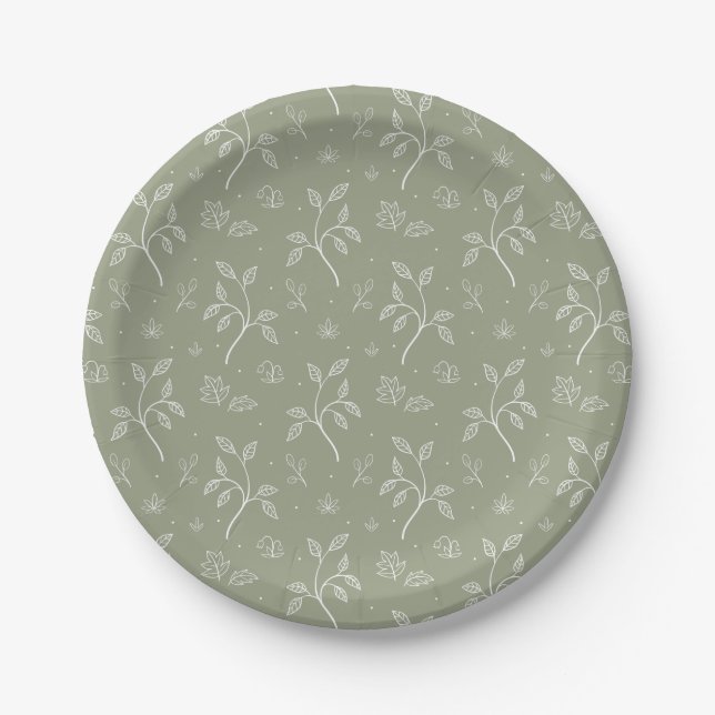 Elegant Botanical Floral Pattern in Olive Green Paper Plates (Front)
