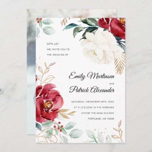 Elegant Botanical Floral Photo Christmas Wedding  Invitation