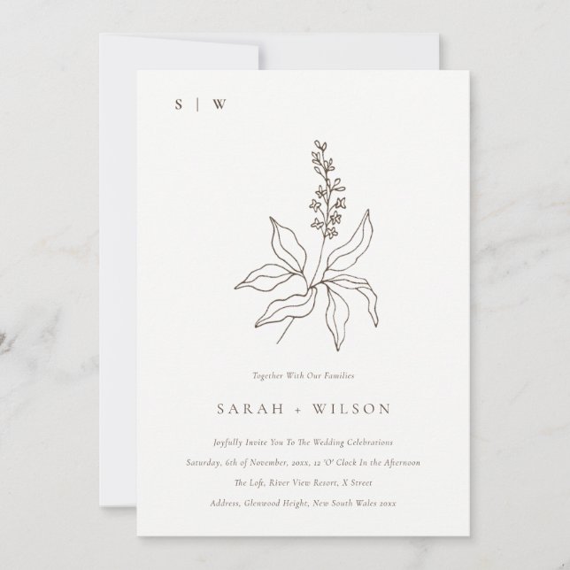 Elegant Botanical Floral Sketch Monogram Wedding Invitation (Front)