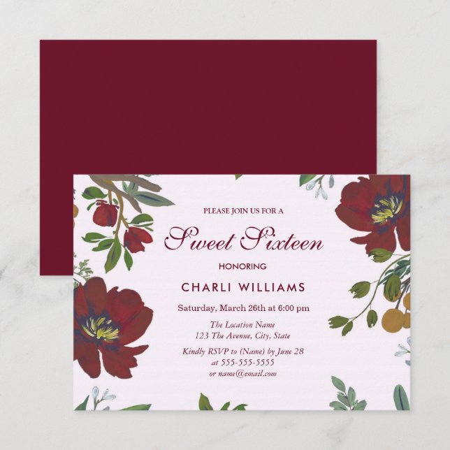 Elegant Botanical Floral Sweet Sixteen Invite (Front/Back)