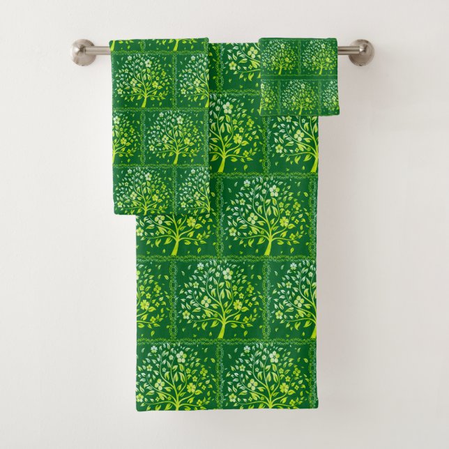 Elegant Botanical Floral Tree Pattern on Green Bath Towel Set (Insitu)