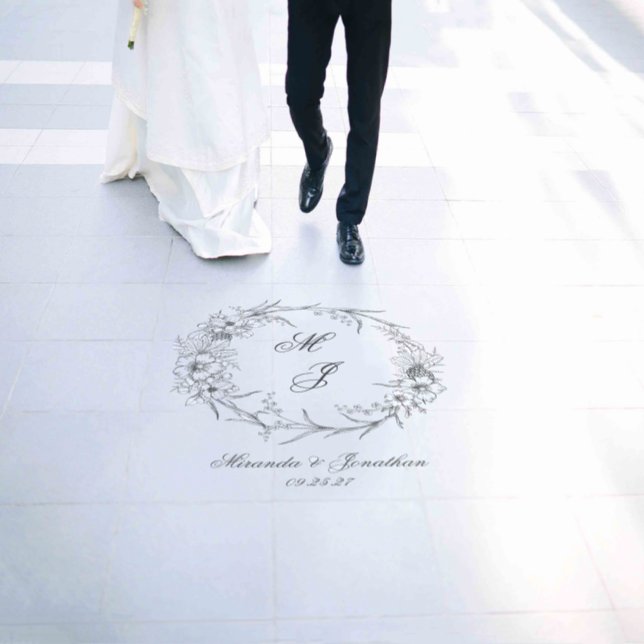 Elegant Botanical Floral Wreath Monogram Wedding Floor Decals (Wedding)
