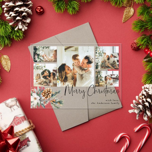 Elegant Botanical Foliage Photo Christmas Card Acrylic Invitations (Insitu (Holiday))