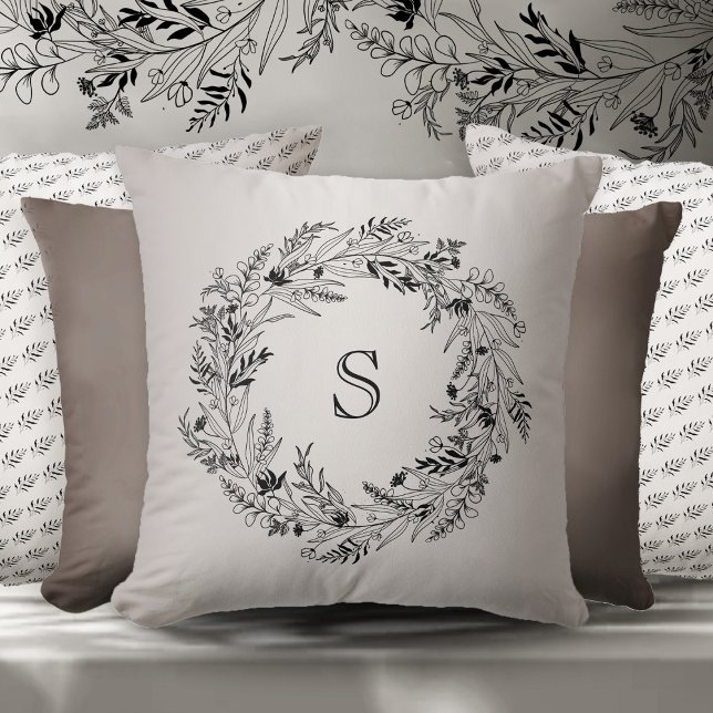 Elegant botanical foliage wreath letter S Throw Pillow (Creator Uploaded)