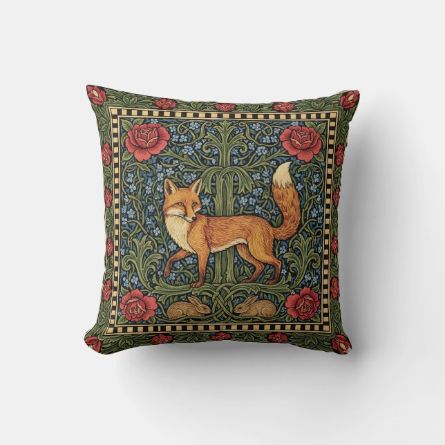 Elegant Botanical Fox William Morris Inspired Throw Pillow (Front)