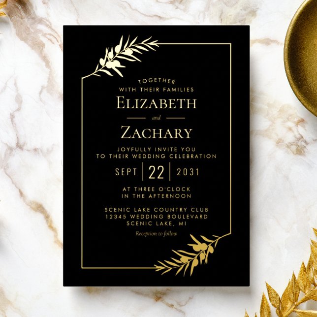 Elegant Botanical Frame Gold Black Wedding Foil Invitation (Creator Uploaded)