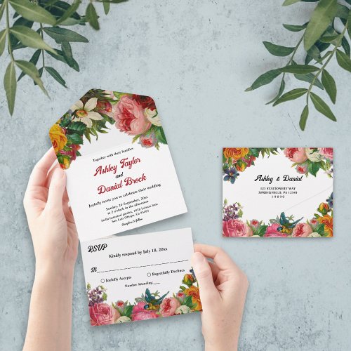 Elegant Botanical Garden Boho Roses Floral Wedding All In One Invitation