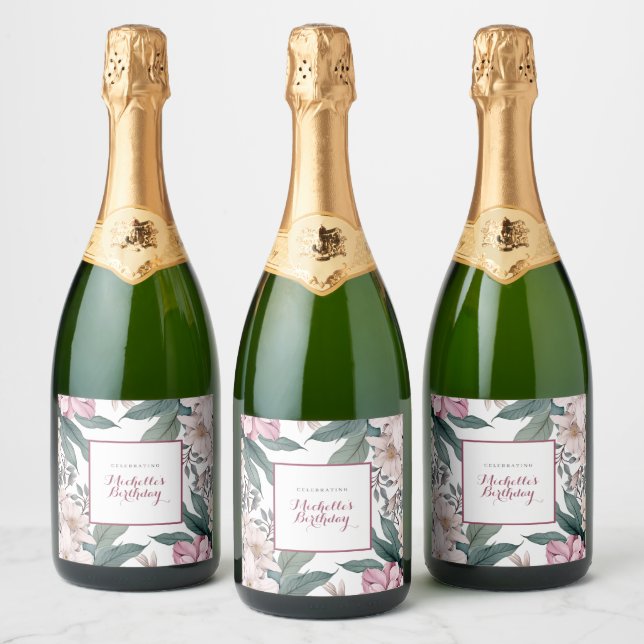 Elegant Botanical Garden Floral Birthday Party Sparkling Wine Label (Bottles)