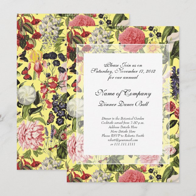 Elegant Botanical Garden Gala Dinner Spring Yellow Invitation (Front/Back)