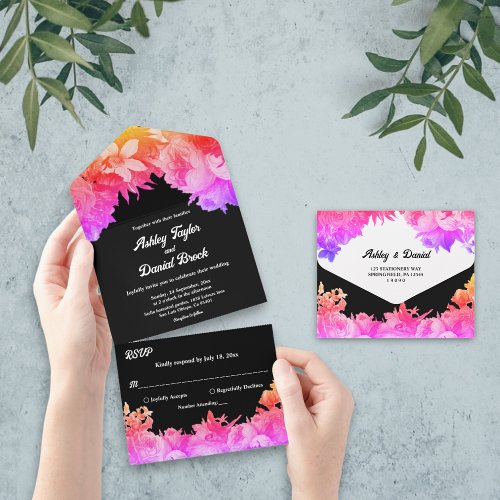 Elegant Botanical Garden Neon Light Floral Wedding All In One Invitation