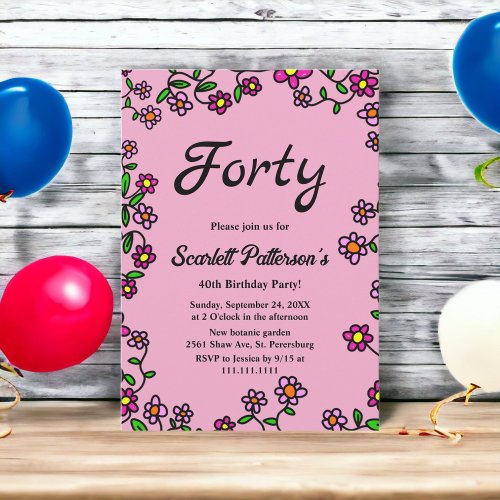 Elegant Botanical Garden Rose Floral 40th Birthday Invitation