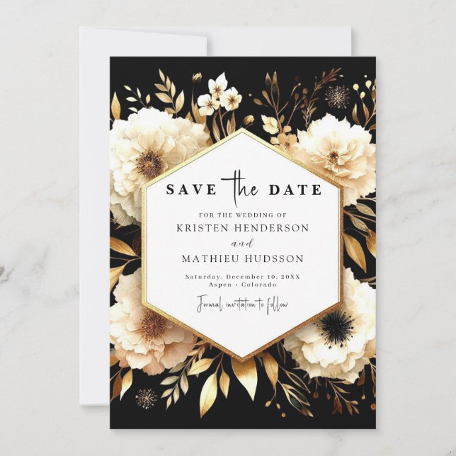 Elegant Botanical Gold and Black Wedding Save The Date (Front)
