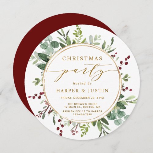 Elegant Botanical Gold Christmas Party Circle Invitation